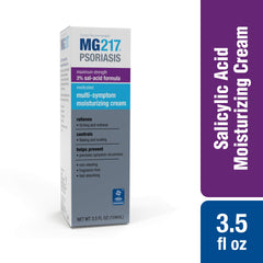 MG217 psoriasis cream pump close-up highlights fast-absorbing texture.
