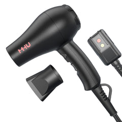 MHU mini blow dryer front view highlighting compact design for easy travel and styling.