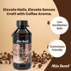 Mia Secret coffee scented liquid monomer pour demonstrates controlled flow for precise acrylic application