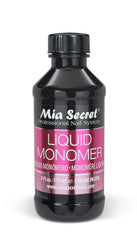Mia Secret liquid monomer cap close showing leak-proof seal for clean acrylics.