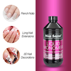 Mia Secret liquid monomer non-yellowing formula preserves clear nail enhancements over time.
