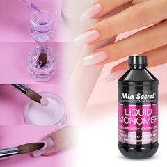 Mia Secret Liquid Monomer smoothing application highlights seamless acrylic flow and control.