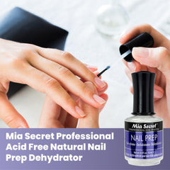 Mia Secret Nail Prep bottle on desk, prepares surface for lasting adhesion