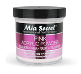 Mia Secret Pink Acrylic Powder 4 oz bottle shows self-leveling formula for even nail coverage