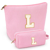 Mibasies initial makeup bag pink front view shows organized cosmetics on the go.