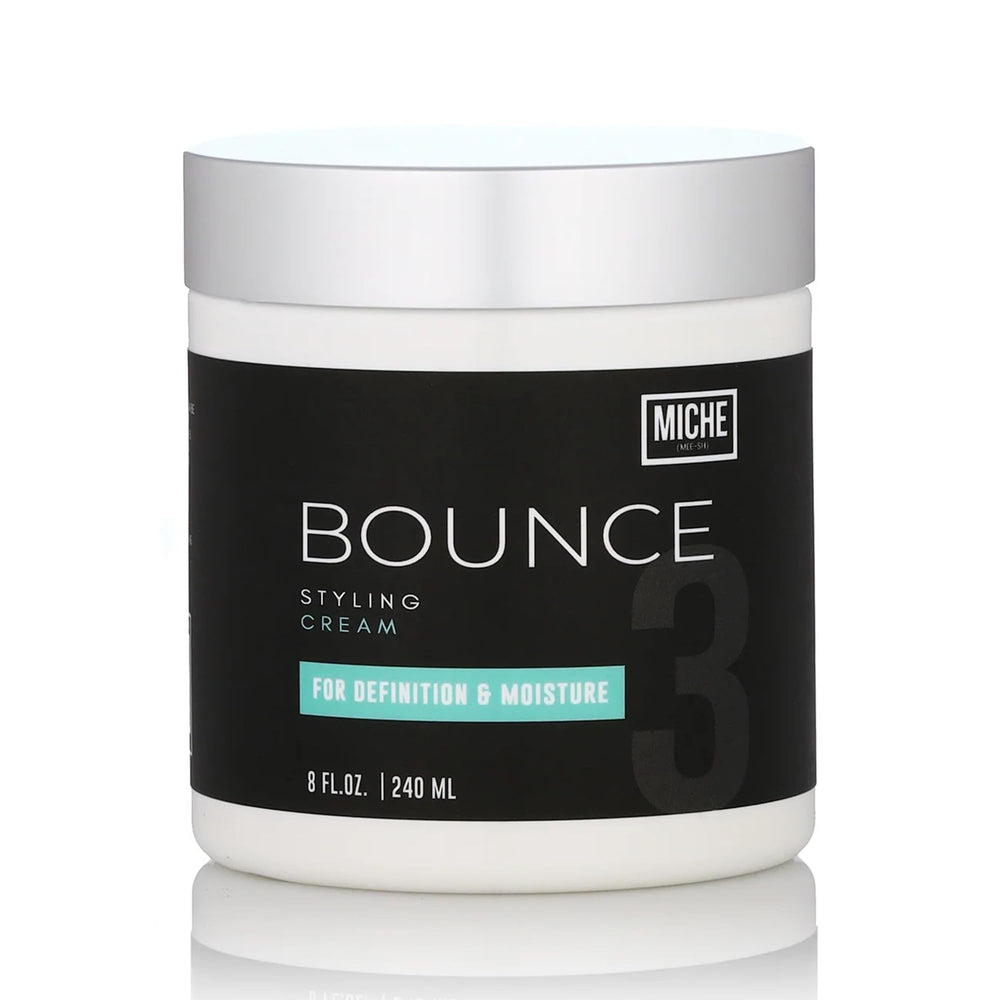 Miche Beauty Miche Bounce styling cream jar closeup highlights definition and moisture for natural hair.