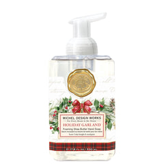 Michel Design Works foaming hand soap pump with holiday garland label for a refined sink experience.
