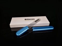 MiDenso blue glass nail file showing nano serration for smooth natural nails