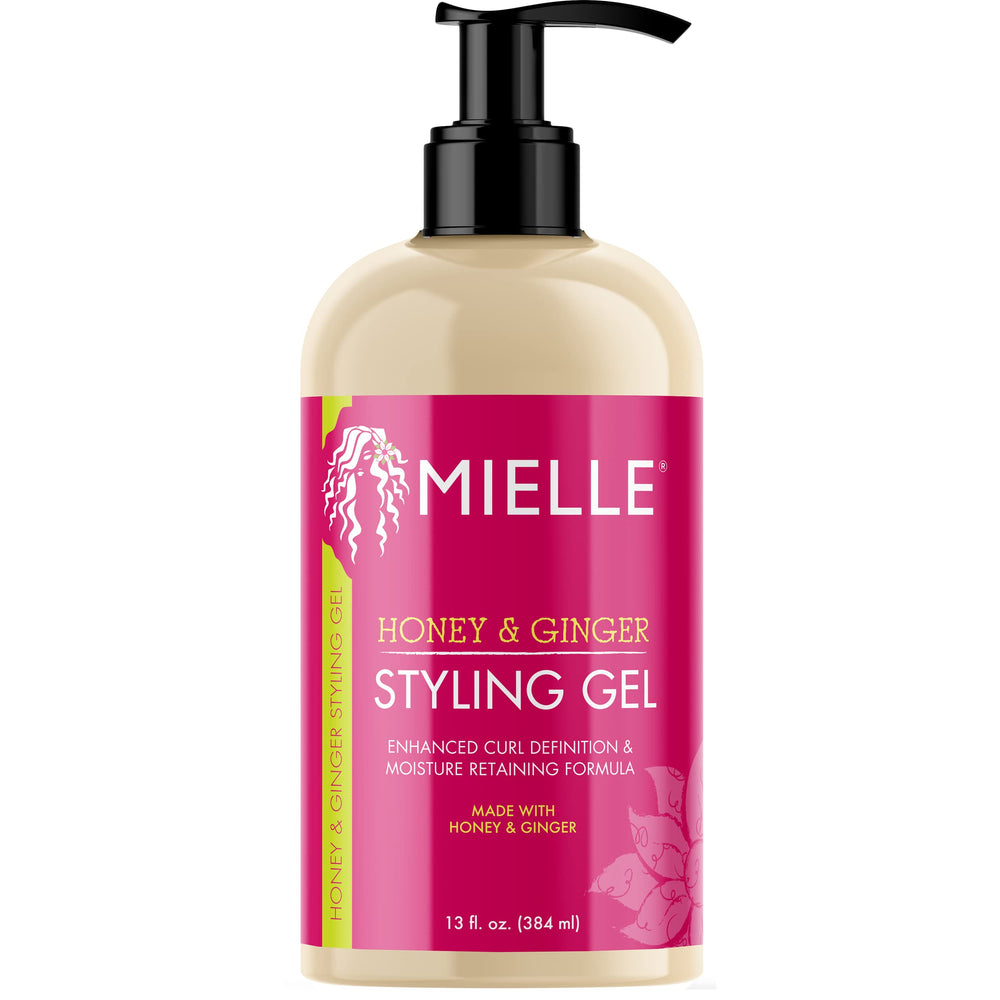 Mielle Organics Honey & Ginger Hair Gel jar with rich curls and shine.