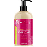 Mielle Organics Honey & Ginger Hair Gel jar with rich curls and shine.
