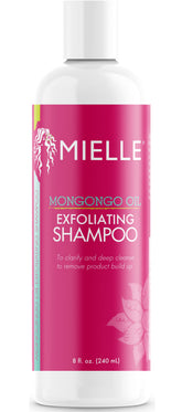 Mielle Organics Mongongo Oil Exfoliating Shampoo bottle shows scalp cleansing and buildup removal.