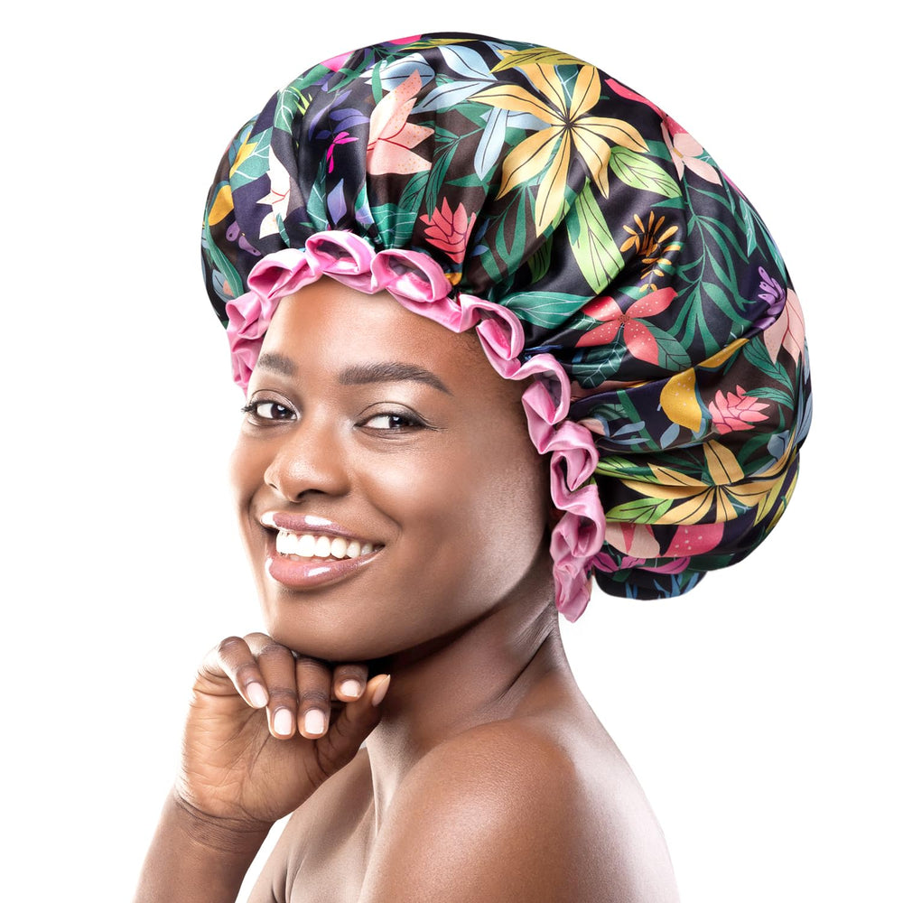 mikimini large shower cap rainforest pattern closeup, stylish floral design protects hair during showers