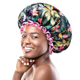 mikimini large shower cap rainforest pattern closeup, stylish floral design protects hair during showers