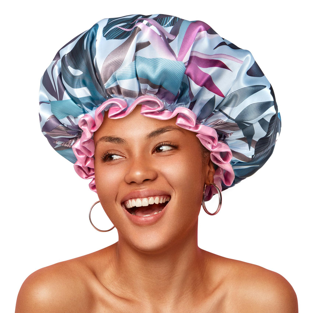 mikimini tropical shower cap with leaf design keeps hair dry during showers