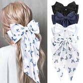 MIKONIKO silky satin hair bow in white with long tail, daily wear charm