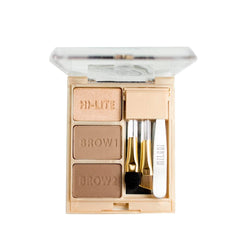 Milani Brow Fix Kit Light close-up showing powders and tools for daily brow shaping and highlighting.