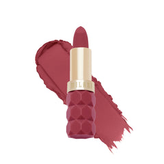 Milani Color Fetish Matte Lipstick Smitten worn on lips shows creamy glide and full coverage.
