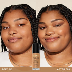 Milani Conceal + Perfect Warm Sand swatch indicates true shade match and seamless blend.