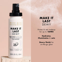 Milani Make It Dewy over makeup refresh shows dewy finish and long wear for on the go