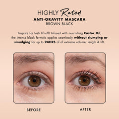 Milani Mascara before-after illustrates instant length and lift.