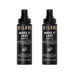 Milani setting spray charcoal bottle closeup for oil-control matte finish all day.