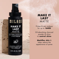 Milani setting spray charcoal mist applied to set makeup and reduce shine.