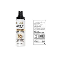 Milani Sunscreen Setting Spray bottle close-up showing SPF 30 protection.