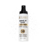 Milani Sunscreen Setting Spray bottle with SPF 30 for all-day protection and makeup hold.