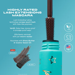 Milani Tubing Mascara brown wand application demonstrates smooth coat