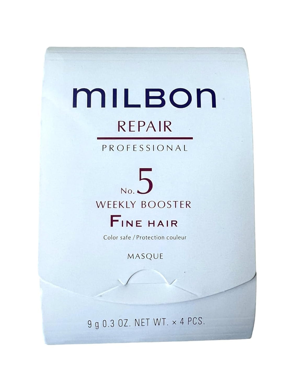 Milbon Repair No.5 weekly booster bottle closeup shows targeted repair for fine hair.