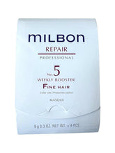 Milbon Repair No.5 weekly booster bottle closeup shows targeted repair for fine hair.