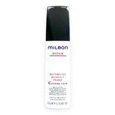 Milbon Repair Restorative Blowout Primer bottle shows heat protection for coarse hair during styling.