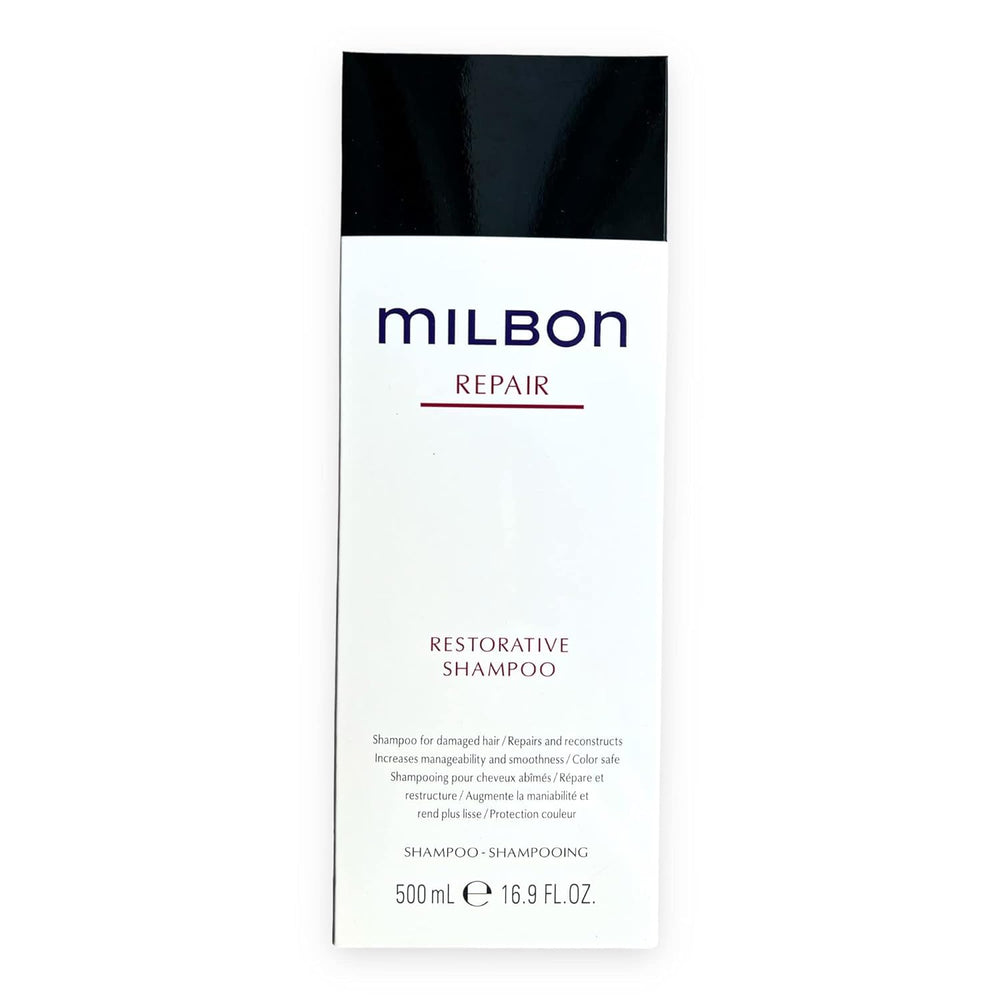 Milbon Repair Restorative Shampoo bottle showing gentle cleansing and elasticity-boosting potential