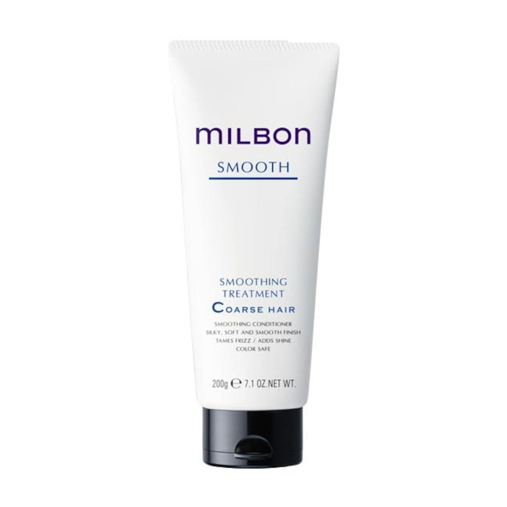 Milbon Smooth Treatment bottle pouring, highlighting smoothing action for coarse hair.