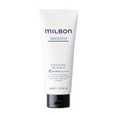 Milbon Smooth Treatment bottle pouring, highlighting smoothing action for coarse hair.