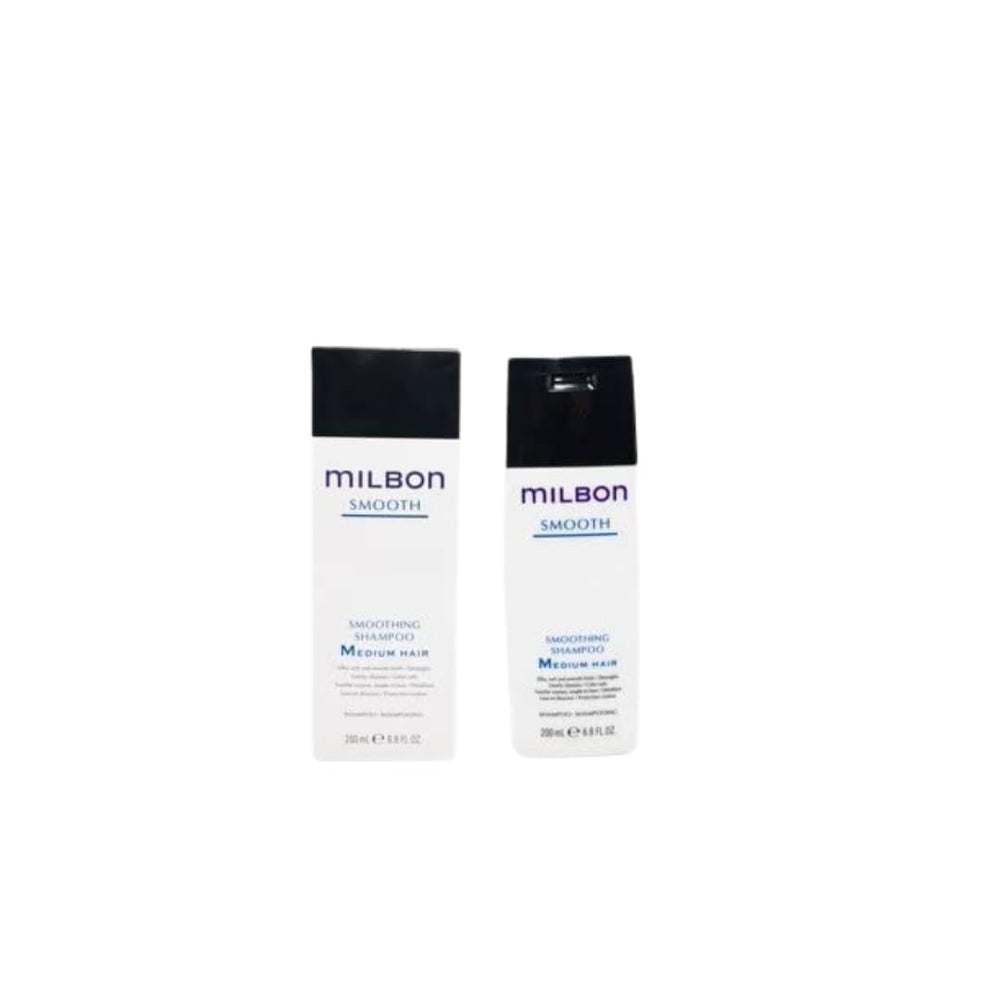 Milbon smoothing shampoo bottle shows frizz-control and shine
