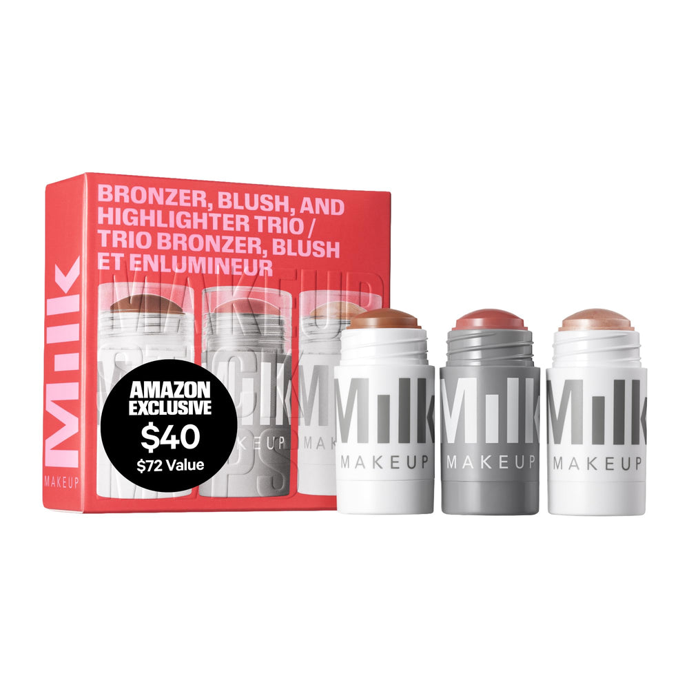 Milk Makeup Bronzer, Blush + Highlighter trio packaging showcases full-size sticks for quick complexion finishing.