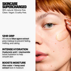 Face primed with Milk Makeup Hydro Grip + Glow Primer for smooth makeup