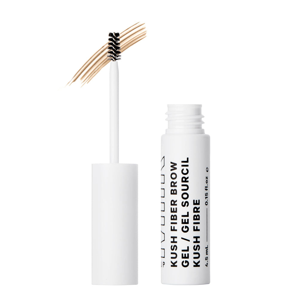 Milk Makeup KUSH Fiber Brow Gel bottle with brush shows natural lift and fullness