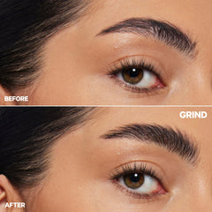 Milk Makeup KUSH Brow Tint close-up shows tubing technology coating each hair.
