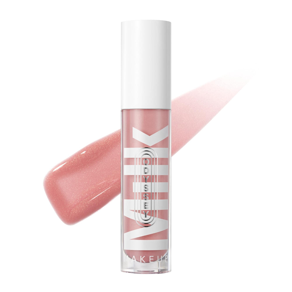 Milk Makeup Odyssey Lip Gloss tube showing hydrated shine and Pink Soul Search tint