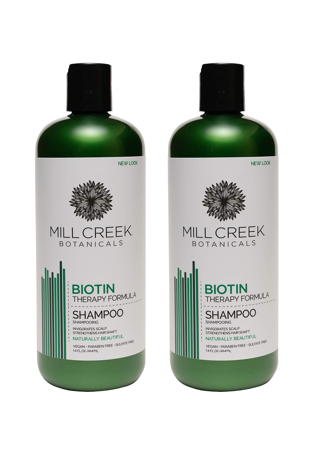 Mill Creek Biotin Shampoo two-pack bottles promoting healthy scalp and revitalized hair.