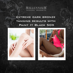 Millennium Tanning Paint It Black 50x label closeup highlights ingredients and brand credibility.