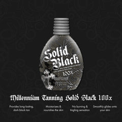 Millennium Tanning SOLID BLACK 100X bottle front label highlights premium indoor outdoor tanning benefits