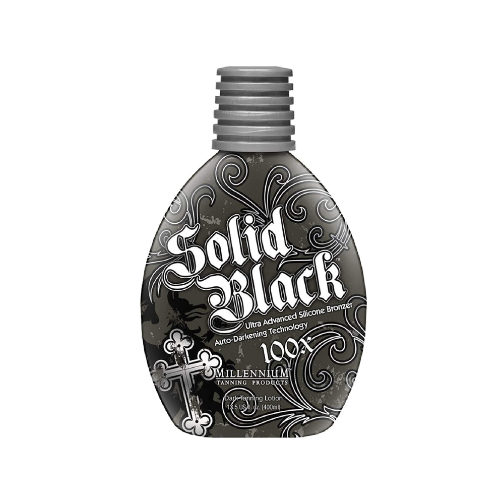 Millennium Tanning SOLID BLACK 100X bottle pour demonstrates even application for a rich, bronzed glow