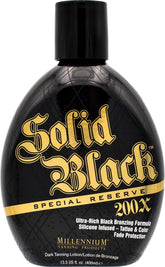 Millennium Tanning Solid Black 200X bottle closeup for ultra-bronze results.