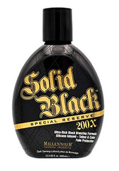 Millennium Tanning Solid Black 200X tattoo protector label highlights color defense.