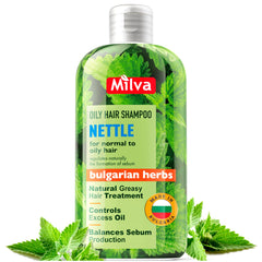 Milva Nettle Shampoo bottle front highlights oil control and fresh cleansing for greasy roots.