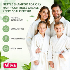 Milva Nettle Shampoo poured into hand shows easy lather for gentle cleansing of oily scalps.