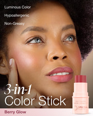 Mineral Fusion Color Stick Berry Glow cheek swatch delivers dewy radiance with one swipe